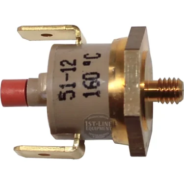 Close-up of a Bezzera 7634814 Safety Thermostat, rated 250V and 162 °C, featuring two flat electrical terminals, a red protective cap on the tip, and product identification markings on the side. © 2025 1st-line.com